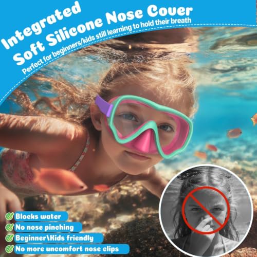 Kids Swimming Goggles with Nose Cover - Blue & Green + Red & Green, Clear Lens