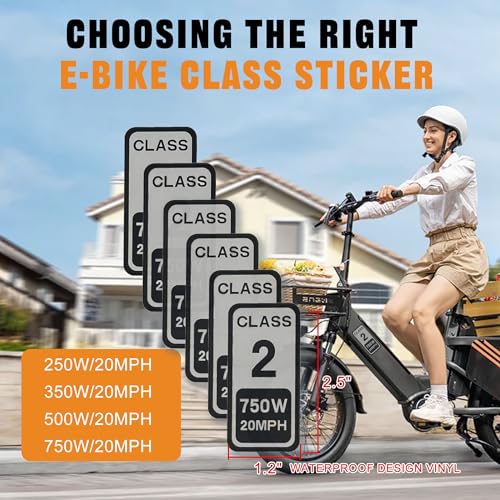Class 2 Electric Bike Stickers - Waterproof 750W 20MPH Labels for Frame or Battery
