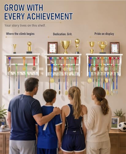 White 3-Tier Solid Wood Medal Hanger Display with Brass Hooks
