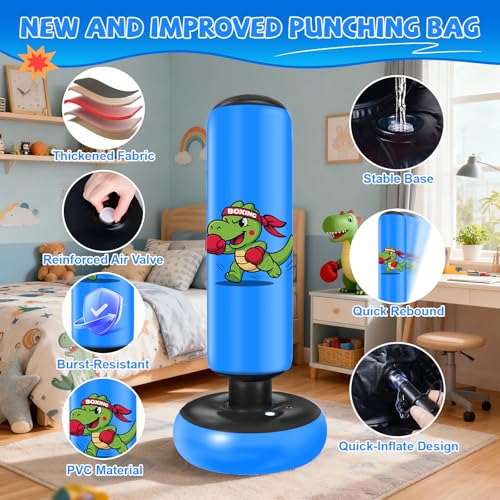 Kids Punching Bag Set with Dinosaur Design, Gloves & Pump - 48 Inches