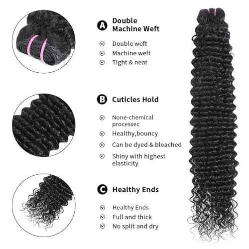 15A Raw Human Hair Bundles Deep Wave Bundles Human Hair,Triple Lifespan Indian Virgin Hair,No Tangle Shedding,Multiple Washes Keep Texture Silky Soft (1 Bundle Natural Black, 20)