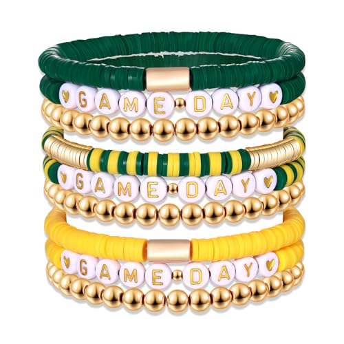 Game Day Bracelets Stackable Beaded Stretchy Jewelry - Yellow Green Set