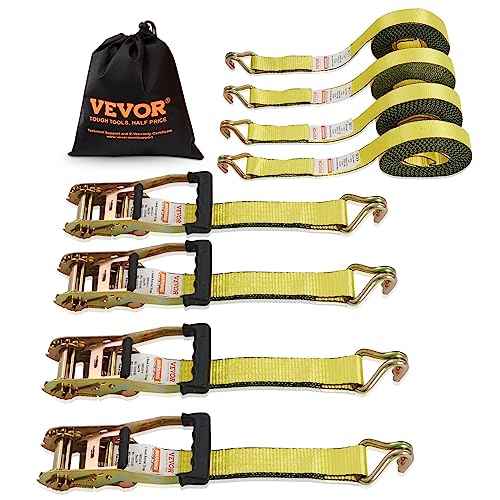 VEVOR Ratchet Tie Down Straps (4-Pack), 10000 lb Break Strength, Heavy Duty Double J Hooks, 2" x 27' with Padded Handles - Ideal for Moving, Securing Cargo, Appliances, Lawn Equipment, and More