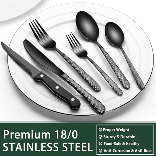 Black Silverware Set for 4 - 24-Piece Flatware Cutlery with Steak Knives - Round Hammered Finish