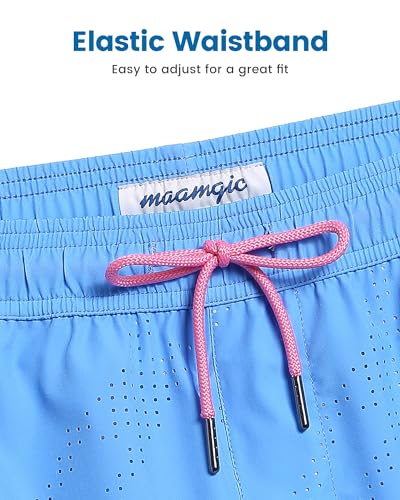 Men's Swim Trunks 5" Compression Liner Quick Dry Beach Shorts - Large Blue Pink Leaves