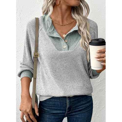 EVALESS Womens Fall Fashion 2025 Womens Long Sleeve Shirts Patchwork Button Up V Neck Sweatshirt Casual Pullover Tops