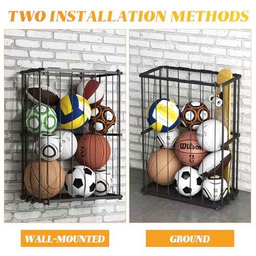 Garage Ball Storage Wall-Mounted & Floor Sports Equipment Organizer: Sports Ball Rack with Elastic Rope, Holder for Basketball, Soccer, Volleyball, Football, Garage, Gym, Black(Patent Pending)