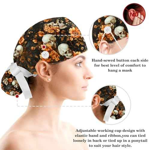 Scrub Caps Women, Adjustable Surgical Caps with Ponytail Pouch, Working Cap with Bow Hair Scrunchy, Bouffant Hat with Buttons, Skull Halloween Autumn Gothic Vintage Floral Retro
