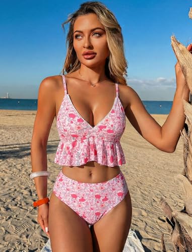 Pink Floral High Waist Bikini Set with Ruffle Trim and V Neck - Medium
