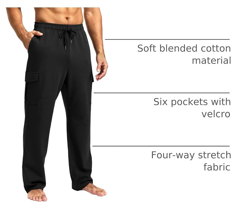Pudolla Men’s Cotton Cargo Sweatpants with 6 Pockets, Black XL