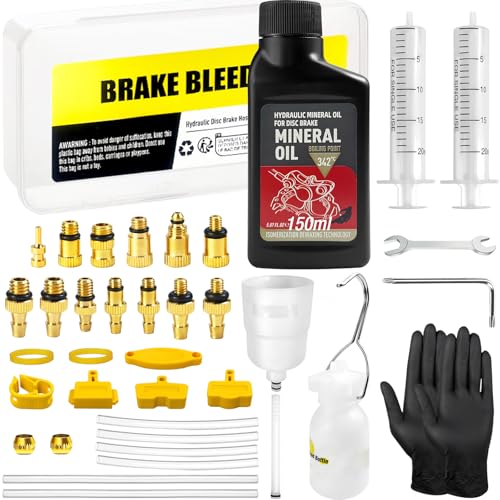 Bike Brake Bleed Kit with Mineral Oil, Brass Connectors, 150ml Fluid, Includes Variation