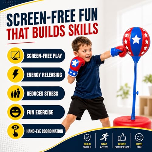 Kids Punching Bag with Gloves - 4ft x 13in Height Adjustable Boxing Toy for Ages 3-8
