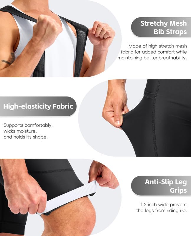 Men's Cycling Bibs Shorts 4D Padded with Anti-Slip Leg Grips - Black, Large