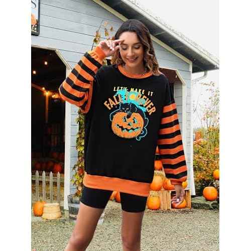 NANYUAYA Halloween Sweatshirts for Women Cute Spooky Season Pullover Long Sleeve Graphic Tops Casual Crewneck Striped Shirts