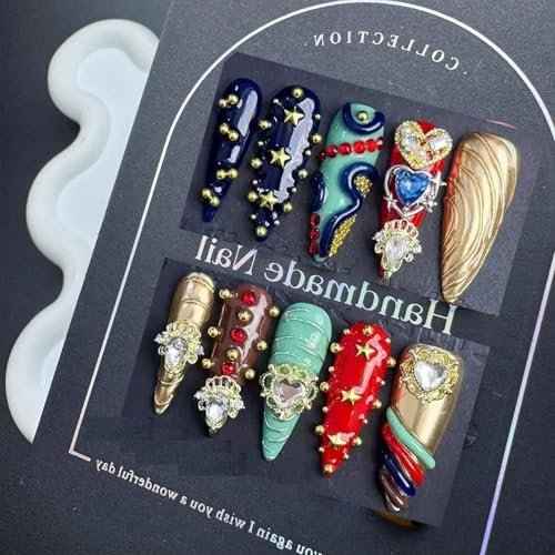 100% 5D Handmade Press on Nails with Heart Charms Long Stiletto Nails Press ons Gorgeous False Nails Rhinestones Press on Nails Handmade Nails for Women Girls Daily Wear DIY Manicure Size L