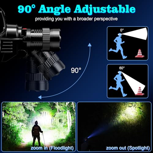 K KERNOWO LED Headlamp Rechargeable, Super Bright Head Lamp, Headlamp with Red Warning Lights, Head Lights for Forehead, Waterproof & Zoomable, 90¡Æ Adjustable Headlamps for Camping Hiking Car Repair