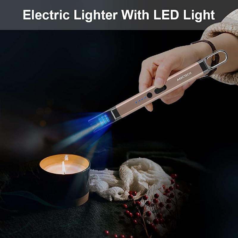 ARECTECH Gold Electric Candle Lighter, USB Rechargeable Long Neck Lighter for Candle, BBQ, Camping