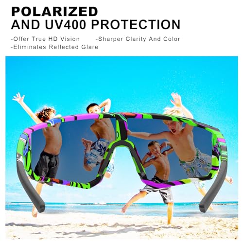 Kids Polarized Sports Sunglasses UV400 Protection for Boys Girls - Graffiti Blue Pink