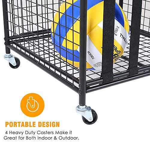 Snail Garage Sports Equipment Storage Organizer Sports Ball Storage Rolling Cart with Basket and Hooks Lockable Sports Ball Cage Storage Rack for Garages, Playgroup, Gym and Schools, Black