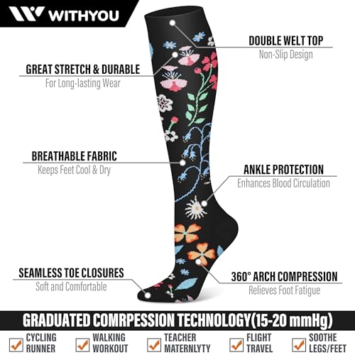 WITHYOU Compression Socks for Men & Women - 15-20 mmHg Support, Black Large-X-Large