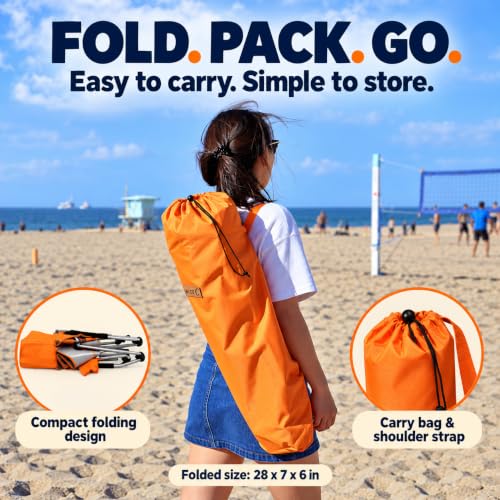 Portable Low Beach Folding Chair with Cup Holder - Orange, Comfortable & Durable