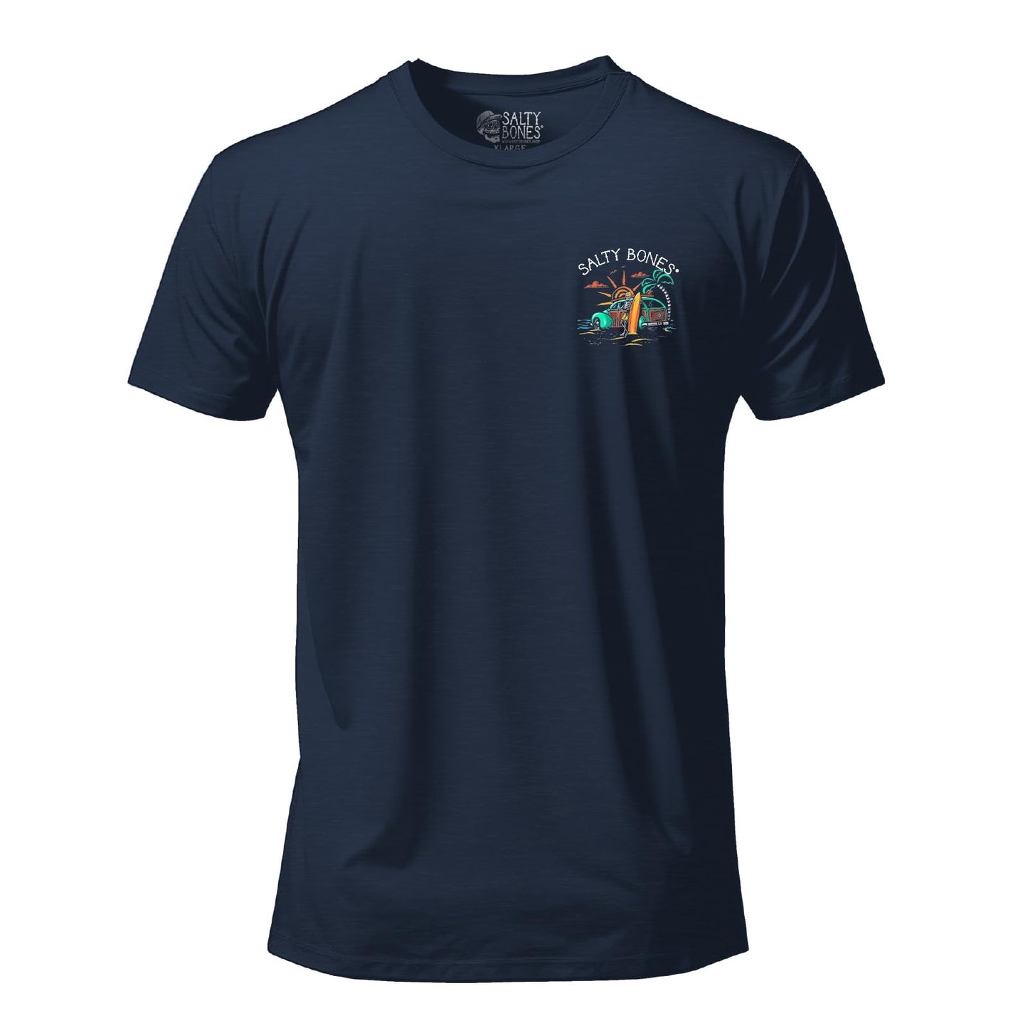 Salty Bones Chasing Summer Woody Car Sunset Surfer Beach Graphic T-Shirt, 100% Ringspun Cotton, Classic Fit, Printed in USA (US, Alpha, X-Large, Regular, Regular, Navy)