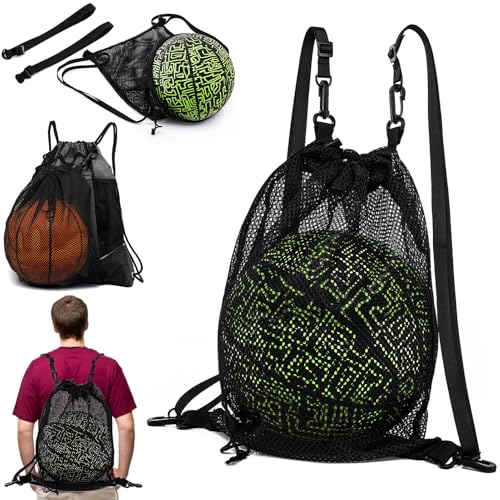 Dark Black Drawstring Soccer Bag with Detachable Mesh Ball Pocket - Foldable Sports Backpack for Kids & Teens