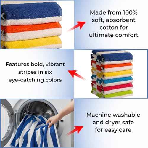 100% Cotton Beach Towels Pack of 6 ? Soft, Absorbent & Quick Dry Cabana Striped Pool Towels for Adults ? Large, Lightweight, and Durable Cotton Towels for Beach