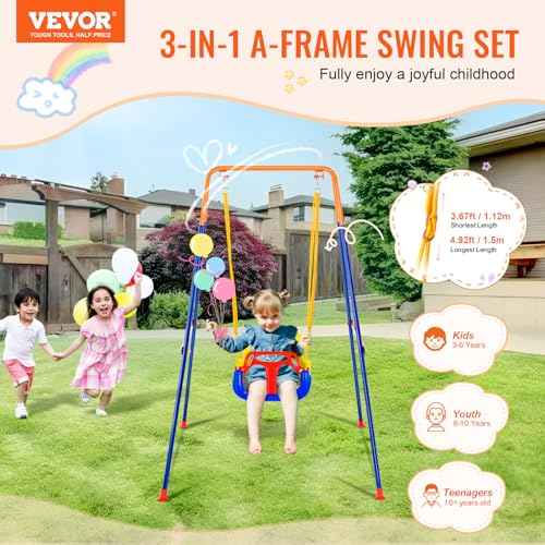 VEVOR Swing Sets for Backyard, 3-in-1 Toddler Swing Set with 4 Sandbags, Easy to Assemble, Foldable Metal Stand, Swingset Indoor/Outdoor for Kids Aged 3+