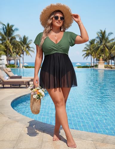 Plus Size Womens Swimsuit One Piece Tummy Control Swim Dress Army Green & Black XL - Blooming Jelly