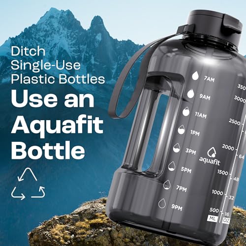 AQUAFIT 1 Gallon Water Bottle with Time Marker - Straw & Chug Lid - BPA Free Gym Water Bottle with Straw - Big Gallon Jug (Gray, 128 oz - 2 Lids)