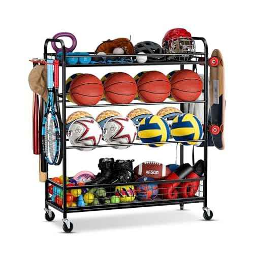 Garage Sports Equipment Organizer - Rolling Ball Storage Bin with Wheels, Garage Sports Gear Rack Outdoor Basketball Racks for Balls with Baseball Bat Holder and Hooks, Toy Organizer