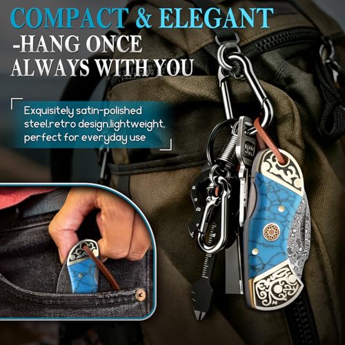 Damascus Pocket Knife for Gifting - Small Blue EDC Knife for Dad