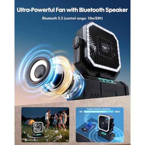 Camping Fan with Bluetooth Speaker Portable Fan,20000mAh Rechargeable Battery Powered Fans,Quiet 4-Speeds, 4-LED Light,360¡Æ Hanging Hook for Outdoor Picnic Tent Beach Travel Barbecue, Black