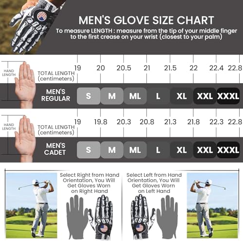 Golf Gloves Men Left Hand Right Hand 2 Pack Black & Bones Large Worn on Left