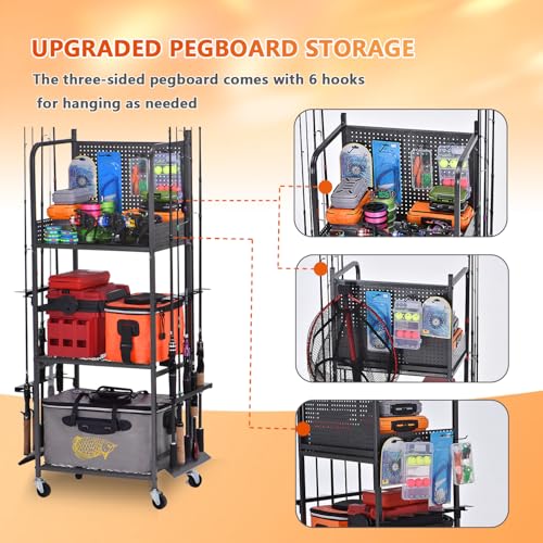Heavy Duty Fishing Rod Rack with Wheels - Garage Organizer for Fishing Gear