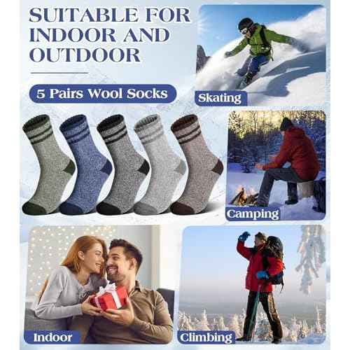 Yeblues 5 Pairs Wool Socks Mens, Winter Thick Merino Warm Hiking Socks,Soft Casual Thermal Crew Socks