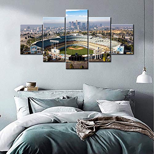 TUMOVO 5 Piece Los Angeles California Panoramic Skyline Cityscape Aerial Over Dodger Stadium Print On Canvas Wall Artwork Modern Photography Home Decor Stretched and Framed Ready to Hang - 60''Wx32''H