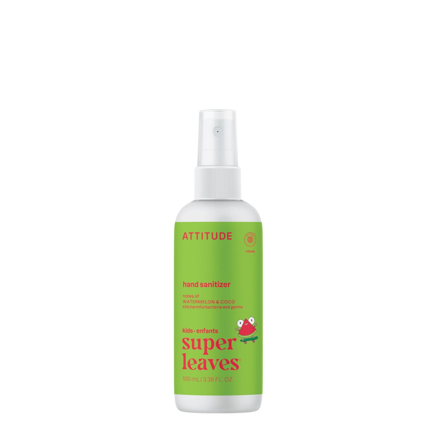 ATTITUDE Hand Sanitizer Spray for Kids & Adults, EWG Verified, Travel Size, Dermatologically Tested, Plant and Mineral Based, Vegan, Watermelon & Coco, 3.5 Fl Oz (Spray Bottle)
