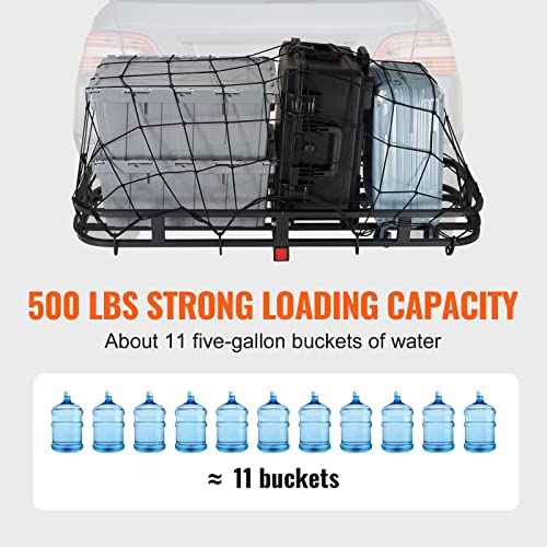 VEVOR 53 x 19 5 in Hitch Cargo Carrier, 500lb Capacity Trailer Mount Basket, Steel Luggage Carrier Rack Fits 2'' Receiver for SUV Truck Pickup with Net, Stabilizer, Straps, Black