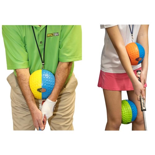 Impact Ball New & Improved, Patented Ultimate Golf Training Aid, Swing Practice Tool with Lanyard, Premium Golf Swing Trainer (Large - Blue/Yellow)