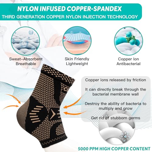 INDEEMAX Ankle Brace for Sprained Ankle Compression Sleeve, 2 Pack Copper Infused Ankle Support Brace for Women & Men, Plantar Fasciitis Relief Achilles Tendonitis, Sports Running, Copper Black, 2XL