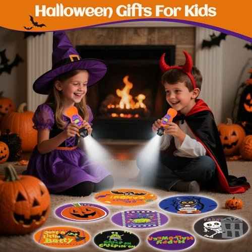 2 Pcs Halloween Flashlight Projector Lights for Kids, 24 Different Pattern Pumpkin Ghost Theme Images Projector Light Torch Flashlight Toys Bulk for Halloween Party Favors, Classroom Prizes Gifts