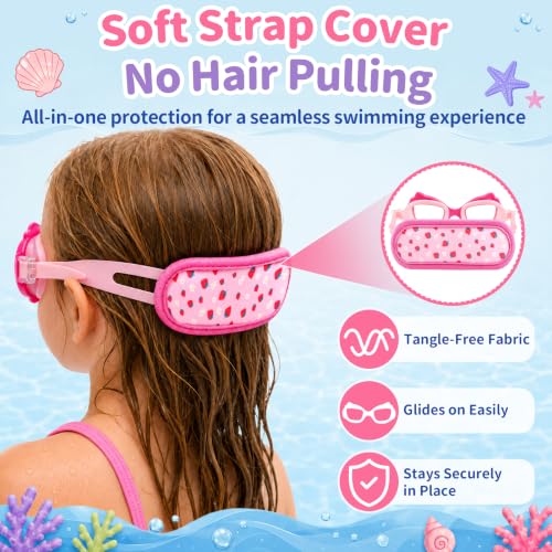 Toddler Swim Goggles with Cat Ears & Strawberry Scale - Anti-Fog, Fabric Strap, Age 2-8