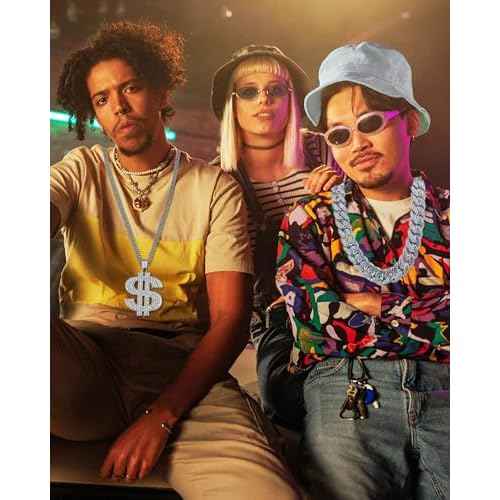 6Pack 90s 80s Hip Hop Costumes Kit for Men 2000s Y2K Sunglasses Rings Hat Rapper Outfit Accessories for Themed Party