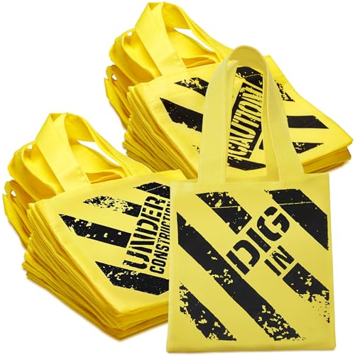 Construction Birthday Party Tote Bags 12-Pack Kids Goodie Gift Bags - Yellow Mini Construction Theme