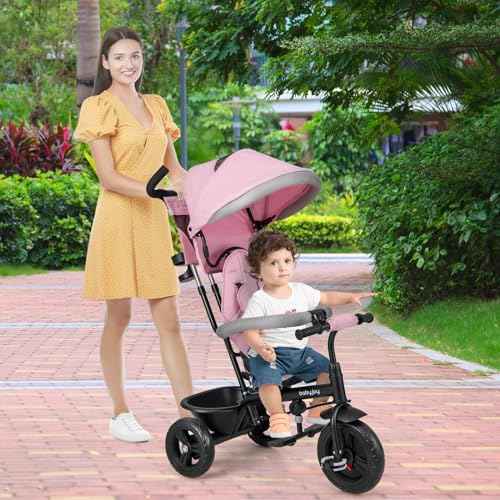 BABY JOY Tricycle, 4 in 1 Toddler Bike w/Removable Canopy, Adjustable Push Handle, Reversible Seat, Safety Belt, Folding Footrest & Storage Basket, Toddler Tricycle for Boys Girls 9-60 Months (Pink)
