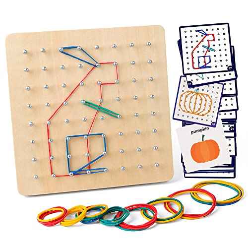 Coogam Wooden Geoboard Mathematical Manipulative Material Array Block Geo Board ? Graphical Educational Toys with 30Pcs Pattern Cards and Latex Bands Shape STEM Puzzle Matrix 8x8 Brain Teaser for Kid