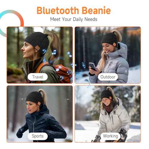 Bluetooth Beanie Hat, Women Rechargeable Headphone Beanie Cap, Windproof Winter Knit Cap, Crystal Clear Hands-Free Calling, Immersive Music Playback