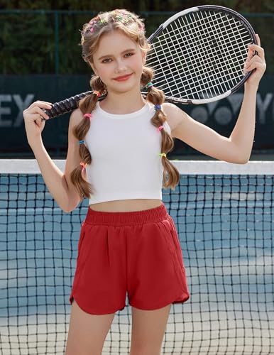 Girls Athletic Shorts with Zipper Pockets for Kids - Red, 9-10 Years